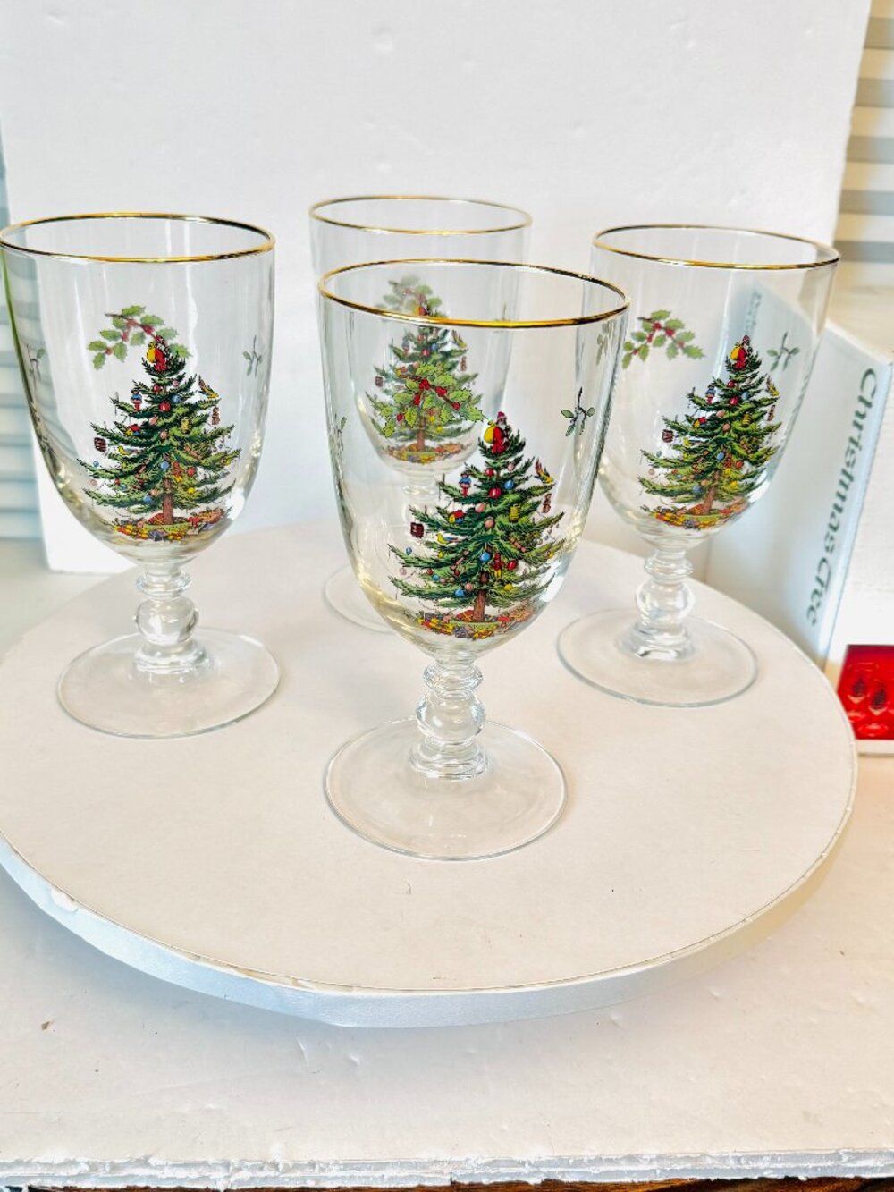 Spode Christmas Tree Gold Rim Set of 4 Pedestal 16 oz Goblet Holiday Festive USA